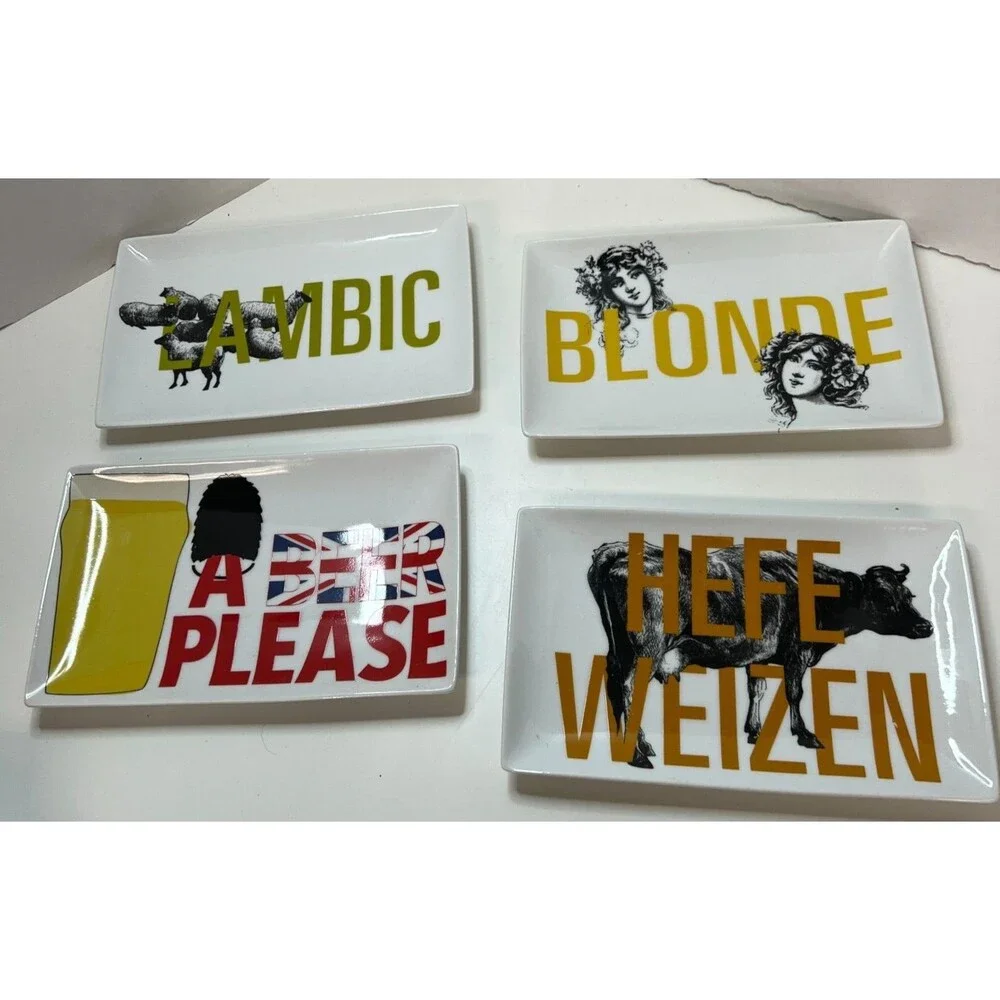 4 CRATE & BARREL Beer Snack Plates oktoberfest party decor table blonde cow